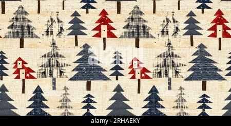 Chalet de noël rustique avec effet de tissu de couture à la main primitive. bordure. Garniture de ruban homespun chic et nostalgique douillet avec americana Banque D'Images