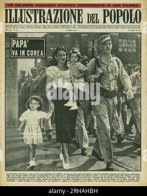Famille américaine accompagnant le pere qui part pour la Guerre de Coree. Photographie, couverture in 'Illustrazione del popolo', le 20 aout 1950, Italie. Banque D'Images