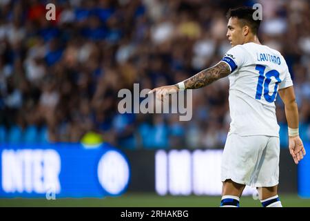 Lautaro Martinez du FC Internazionale fait des gestes lors du match amical de football entre le FC Internazionale et KF Egnatia. Banque D'Images