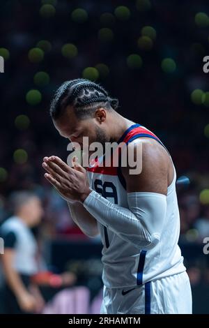 Malaga, Espagne. 13 août 2023. Jalen Brunson vu lors du match amical entre l'Espagne et les USA au Palacio de los Deportes Martin Carpena. Score final ; Espagne 88:98 États-Unis. (Photo Francis Gonzalez/SOPA Images/Sipa USA) crédit : SIPA USA/Alamy Live News Banque D'Images