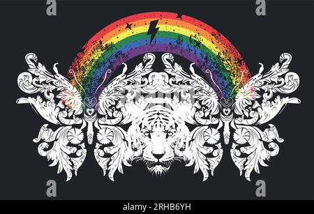 design pour t-shirt avec papillons, visage de tigre et arcs-en-ciel sur un fond noir. illustration vectorielle pour le jour de la fierté gay. Illustration de Vecteur