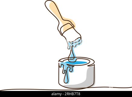 Pinceau et palette de peinture avec des peintures. Dessin continu d'une ligne. Illustration de Vecteur