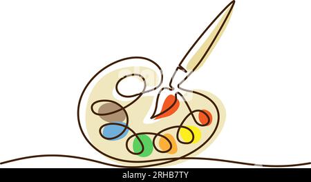 Pinceau et palette de peinture avec des peintures. Dessin continu d'une ligne. Illustration de Vecteur