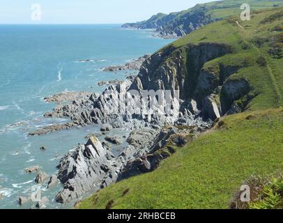 En regardant vers l'est sur le chemin de la côte sud-ouest de Bull point, près de Mortehoe, vers Lee Bay. Le chemin vallonné au-dessus de la côte rocheuse déchiquetée peut être lourd sur Banque D'Images