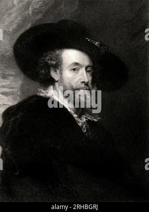 Belgique, 1623 gravure d'un autoportrait du peintre baroque flamand Peter Paul Rubens. Banque D'Images