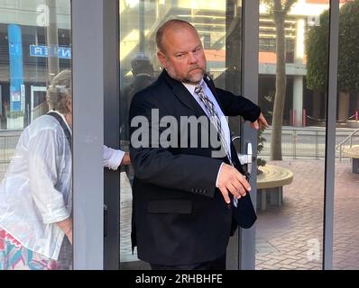 San Jose, États-Unis. 20 juillet 2023. Scott Shaw, ancien entraîneur d'athlétisme en chef de l'État de San Jose, quitte le palais de justice fédéral Robert E. Peckham à San Jose, en Californie, le jeudi 20 juillet 2023, deuxième jour de son procès pour avoir agressé sexuellement des athlètes féminines pendant son traitement. (Photo de Carolyn Stein/Bay Area News Group/TNS/Sipa USA) crédit : SIPA USA/Alamy Live News Banque D'Images