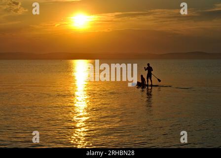 Deux amoureux font du paddleboard au coucher du soleil sur le lac Balaton en Hongrie. Activités nautiques de vacances d'été. Banque D'Images