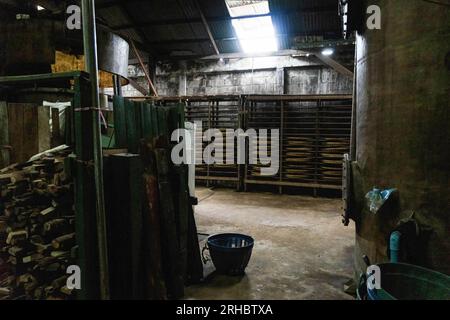 Intérieur du siècle Hao Yong Seng usine de sauce soja maison, à Khlong Bang Luang, communauté historique le long du canal. "Hao Yong Seng" est la seule usine de sauce soja maison restante à Bangkok, depuis 3 générations, depuis plus de 100 ans, la famille n'a jamais changé la formule et maintient toujours le processus de fabrication traditionnel qui prend jusqu'à 6 mois pour obtenir une bouteille, dans la communauté de Khlong Bang Luang qui était autrefois un quartier économique, c'est la seule usine de sauce soja qui reste. Banque D'Images