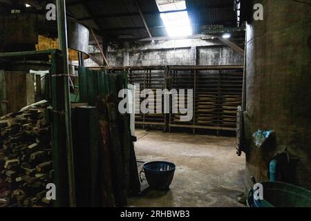 Intérieur du siècle Hao Yong Seng usine de sauce soja maison, à Khlong Bang Luang, communauté historique le long du canal. "Hao Yong Seng" est la seule usine de sauce soja maison restante à Bangkok, depuis 3 générations, depuis plus de 100 ans, la famille n'a jamais changé la formule et maintient toujours le processus de fabrication traditionnel qui prend jusqu'à 6 mois pour obtenir une bouteille, dans la communauté de Khlong Bang Luang qui était autrefois un quartier économique, c'est la seule usine de sauce soja qui reste. (Photo Nathalie Jamois/SOPA Images/Sipa USA) Banque D'Images