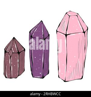 Cristaux magiques multicolores, isolés sur fond blanc. Illustration dessinée à la main. Banque D'Images