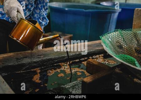 Bangkok, Thaïlande. 15 août 2023. Avant d'être cuits à la vapeur pendant environ 6 heures, après refroidissement, le soja est mélangé avec le champignon Aspergillus oryzae, ou koji, utilisé pour faire fermenter la sauce soja pendant 2 mois jusqu'à ce que le champignon pousse, à l'usine de sauce soja maison Hao Yong Seng du siècle, à Khlong Bang Luang, communauté historique le long du canal. 'Hao Yong Seng'' est la seule usine de sauce soja maison restante à Bangkok, depuis 3 générations, depuis plus de 100 ans, la famille n'a jamais changé la formule et maintient toujours le processus de fabrication traditionnel qui prend jusqu'à 6 mois pour obtenir une bouteille Banque D'Images