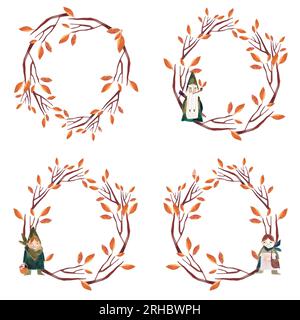 Couronne aquarelle avec arbre d'automne wuith feuilles d'orange et gnome. Clipart isolé. Illustration raster pour emballage, cartes de vœux, cadeaux. Banque D'Images