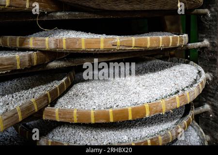 Bangkok, Thaïlande. 15 août 2023. Les graines de soja sélectionnées sont bouillies puis mélangées avec de la farine de blé pour fermenter puis seront marinées avec du sel de mer, ce qui fait ressortir un goût sucré, à l'usine de sauce soja maison Hao Yong Seng du siècle, à Khlong Bang Luang, communauté historique le long du canal. 'Hao Yong Seng'' est la seule usine de sauce de soja maison restante à Bangkok, depuis 3 générations, depuis plus de 100 ans, la famille n'a jamais changé la formule et maintient toujours le processus de fabrication traditionnel qui prend jusqu'à 6 mois pour obtenir une bouteille, dans Khlong Bang Luang communauté qui utilisent Banque D'Images