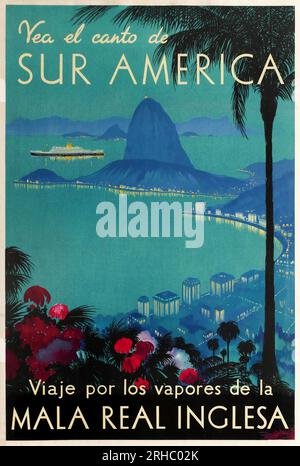 Affiche vintage Royal Mail Lines Cruise Travel Amérique du Sud - Sugarloaf montagne, Rio Brésil. 1950s. Artiste inconnu. Banque D'Images