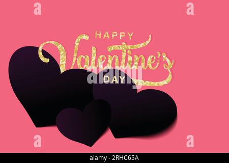 Illustration vectorielle de bannière de Saint Valentin heureuse avec des mots de lettrage en or et coeur 3d sur papier de fond rose coupé style art Illustration de Vecteur