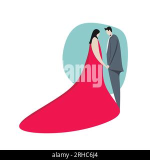 Couple mignon dans l'illustration vectorielle de dessin animé d'amour. Romance homme et femmes avec robe et smoking ou robe de mariée. Illustration de Vecteur