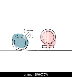 Illustration vectorielle de dessin de ligne continue de symbole mâle et femelle. Concept de signe de genre avec des couleurs bleues et roses. Illustration de Vecteur
