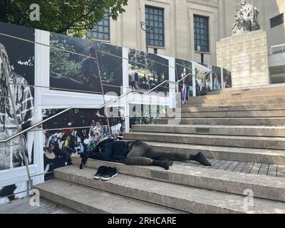 Un sans-abri dort à midi sur les marches extérieures du Brooklyn Museum le long de Eastern Parkway à Brooklyn, New York. Banque D'Images