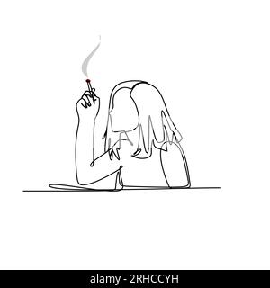 Dessin continu d'une ligne d'une femme fumant. Illustration de Vecteur