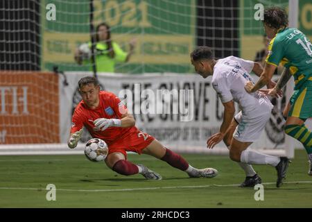 St. Petersburg, FL : le gardien de but du Monterey Bay FC Carlos Herrera (21) effectue un sauvetage en plongée lors d'un match de football de l'USL contre les Rowdies de Tampa Bay, Saturda Banque D'Images