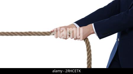 Concept de litige. Homme d'affaires tirant la corde sur fond blanc, closeup Banque D'Images