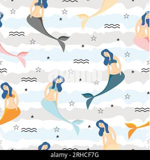 Motif enfantin sans couture avec des sirènes mignonnes thème de conception d'été coloré. Vecteur sous-marin à la mode texture.Perfect pour le tissu, le textile, l'emballage Illustration de Vecteur