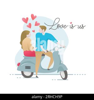 Couple dans l'illustration vectorielle d'amour pour la conception de bannière de carte de Saint-Valentin. Concept des amoureux de scooter vintage. Illustration de Vecteur