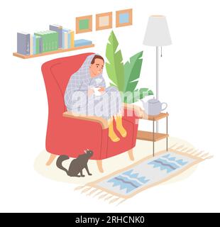 Homme chauffant enveloppé dans une couverture tout en étant assis sur un fauteuil Illustration de Vecteur