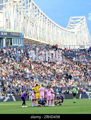 Chester, PA, États-Unis 15 août 2023 Inter Miami Huddles avant le match (image de crédit : Don Mennig Alamy News - usage éditorial seulement - pas d'usage commercial) Banque D'Images