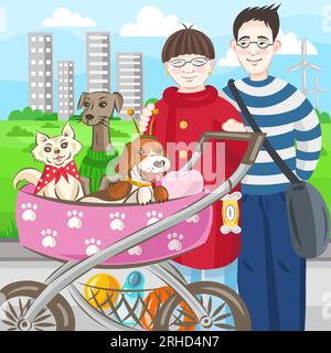Couple asiatique avec 3 chiens en poussette marchant dans le parc - illustration vectorielle Illustration de Vecteur