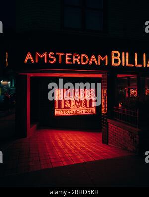 Amsterdam billard signe néon la nuit, Manhattan, New York Banque D'Images