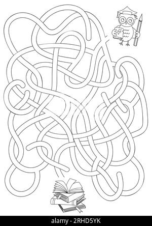 Vecteur labyrinthe isolé sur fond blanc. Aidez le bus scolaire à se rendre à l'école. Labyrinthe de jeu de logique d'éducation pour les enfants. Avec la solution. Illustration de Vecteur
