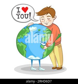 Garçon embrasse la planète Terre et confesse son amour pour elle Illustration de Vecteur