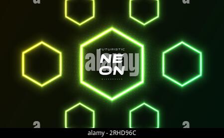 Fond futuriste moderne Sci-Fi avec des formes de néon hexagonal incandescent en vert et jaune avec style demi-ton isolé sur fond sombre Illustration de Vecteur