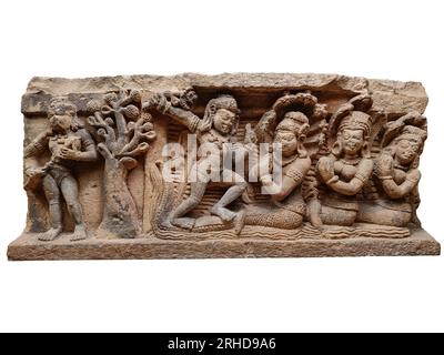 Krishna dansant sur Kāliya soumis et ses femmes demandant à Krishna sa miséricorde. D'une Bhagavata Purana. Bhubaneshwar, 7e siècle AD. Banque D'Images