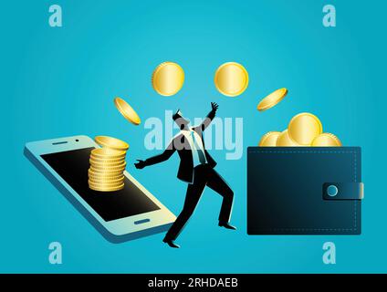 Homme d'affaires ravi de recevoir le transfert de pièce d'or de téléphone mobile dans portefeuille, le transfert en ligne business concept Illustration de Vecteur