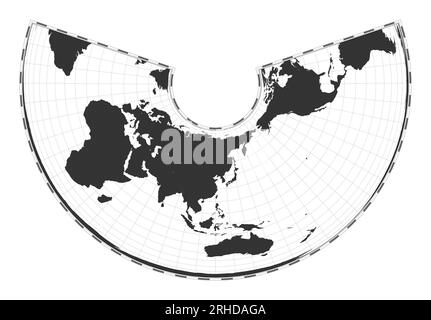 Carte du monde vectorielle. Projection conique d'aire égale Albers. Carte géographique du monde simple avec des lignes de latitude et de longitude. Centré sur une longitude de 120 degrés W. Illustration de Vecteur