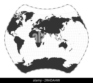 Carte du monde vectorielle. Projection de Larrivee. Carte géographique du monde simple avec les lignes de latitude et de longitude. Centré sur 60 degrés de longitude O. Illustration de Vecteur