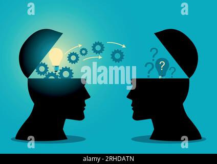 Partage de connaissances ou d'idées entre deux personnes, transfert de connaissances, innovation, concept de gestion du cerveau Illustration de Vecteur