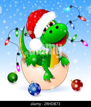 Mignon petit dinosaure vert heureux, avec des décorations de Noël et un chapeau de Père Noël, dans un paysage hivernal enneigé. Illustration de Vecteur