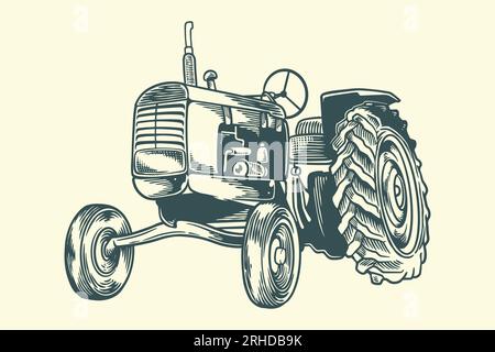 Dessin à la main vieux tracteur vintage dans le style scandinave. Illustration de Vecteur