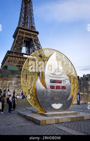 FRANCE. PARIS (75) (7E ARRONDISSEMENT) COMPTE À REBOURS AVANT LA CÉRÉMONIE D'OUVERTURE DES JEUX OLYMPIQUES DE PARIS 2024, INSTALLÉ DANS LE PORT DE LA BOURD Banque D'Images