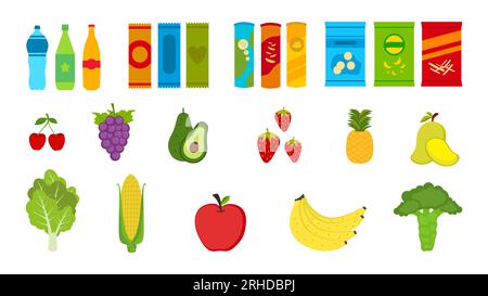 Ensemble de légumes, fruits, boissons et collations pour le don de nourriture. Illustration de Vecteur
