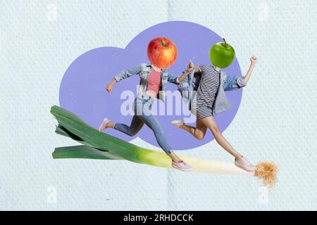 Portrait de collage de deux mini filles fruits de pomme au lieu de tête courant énorme légume d'oignon isolé sur fond de papier créatif Banque D'Images