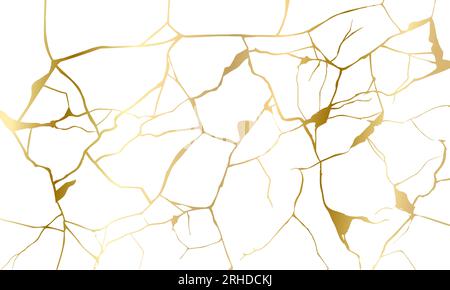 Or kintsugi réparation fissures illustration vectorielle de texture de fond isolé sur fond blanc. Motif en marbre d'aluminium cassé avec des fissures sèches dorées. Nous Illustration de Vecteur