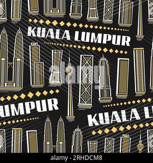 Vector Kuala Lumpur Seamless Pattern, répétition de fond avec illustration de paysage de ville asiatique célèbre sur fond sombre pour papier d'emballage, décorat Illustration de Vecteur
