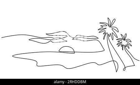 Un dessin au trait de la plage et coucher de soleil isolé sur fond blanc Illustration de Vecteur