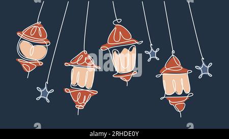 Un dessin au trait de lanternes suspendues sur fond bleu. Minimalisme continu à ligne unique. Illustration de Vecteur