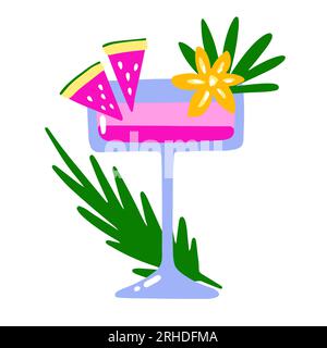 Cocktail tropical de dessin animé. Les couches roses boivent sur fond blanc. Liqueur tirée à la main avec pastèque, feuilles, fleur. Boisson, soda, jus de fruits en pied Illustration de Vecteur