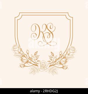 Monogramme du logo KS initial Wedding Crest. Conception de logo de mariage avec fond de fleur de rose, conception d'écusson de mariage floral. Illustration de Vecteur